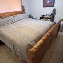 Hand Carved Wooden Bed Frame With Matching Dresser 
