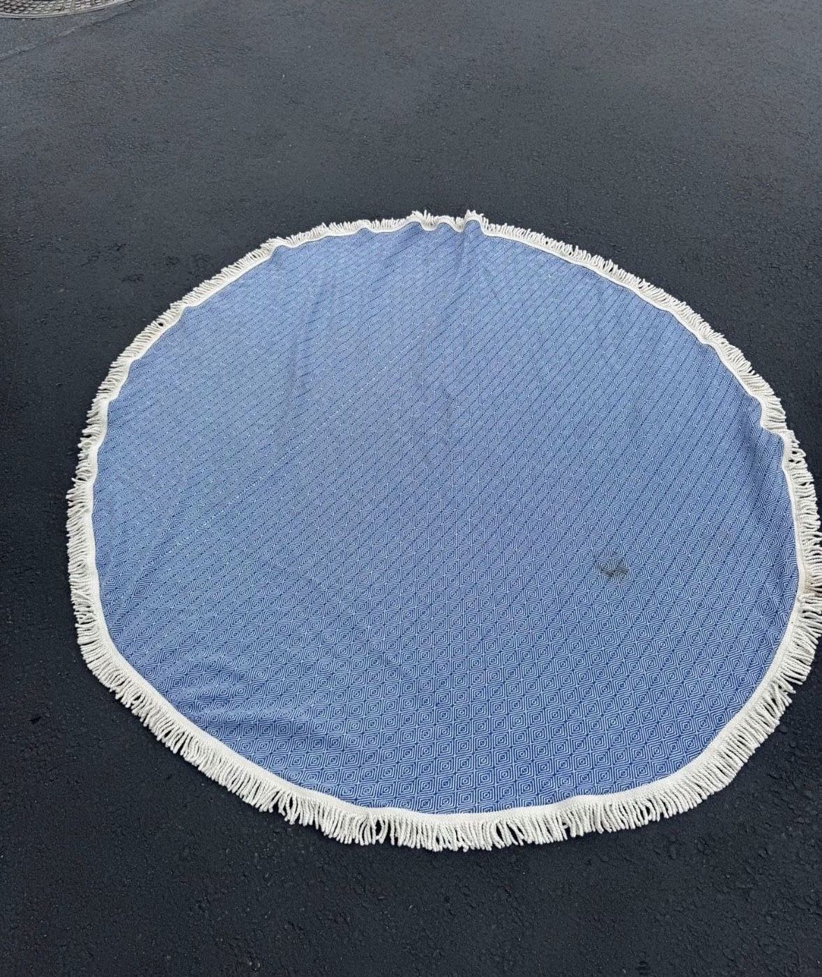Round Towel / Turkish Cotton. Dog Bed Cover / beach blanket. Boho. Blue and white Macramé tassel. 60 In Diameter