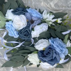 A Pair Of Artificial Flower Arrangements for Wedding Special Event Welcome Sign Decoration, With Eucalyptus, White and Blue Flowers, Roses, Peonies 