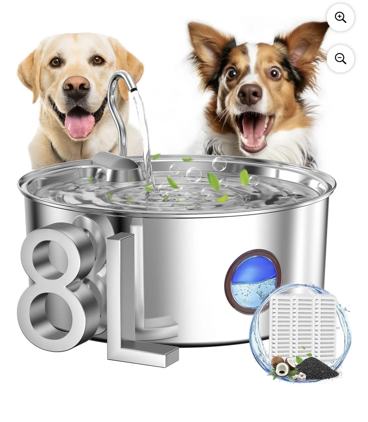 Dog Water Fountain for Large Dogs- 270oz/8L Stainless Steel Dog Water Bowl Dispenser Automatic Pet Water Fountain with Ultra-Quiet Pump/Quadruple Filt