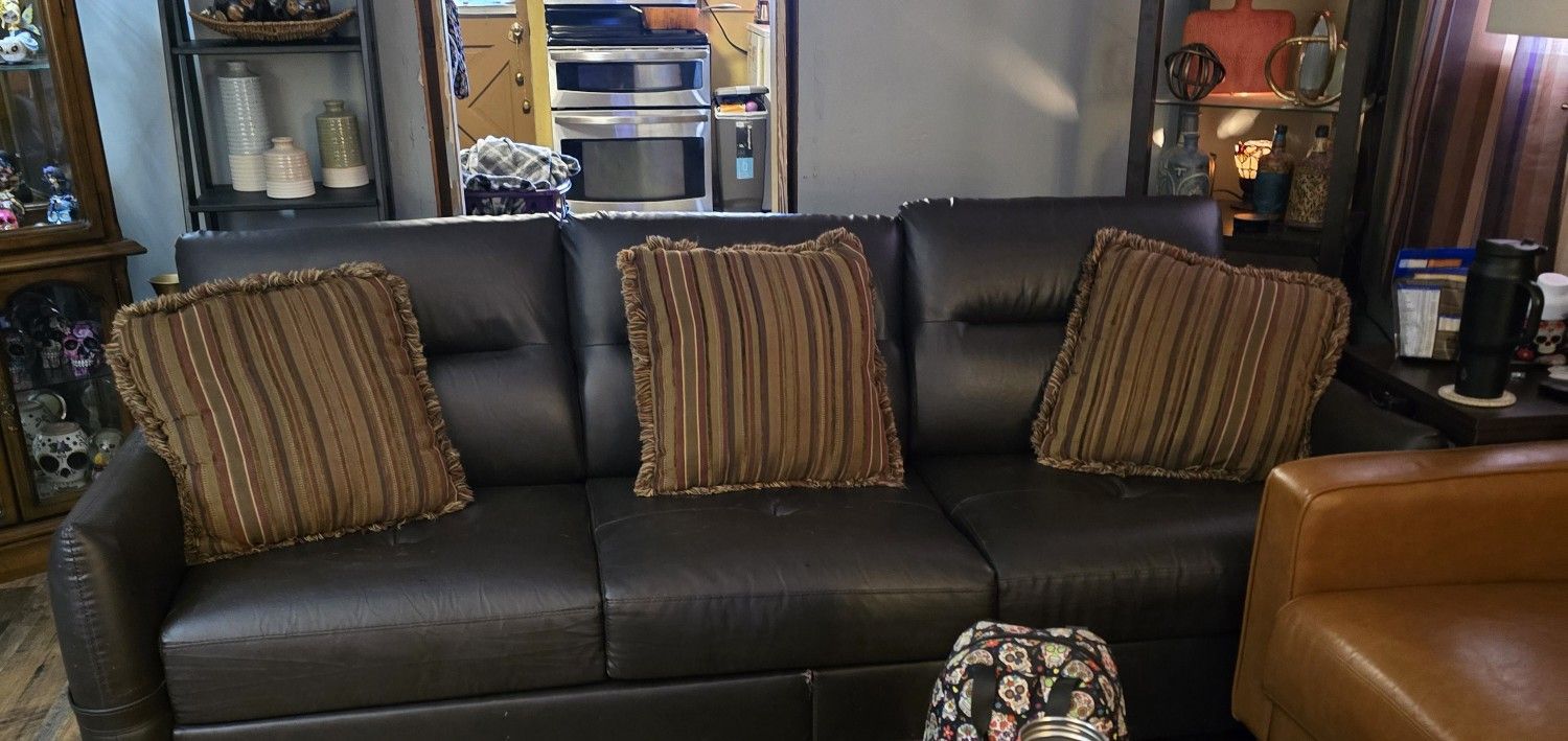 DARK BROWN LEATHER COUCH , LIGHT BROWN COUCH