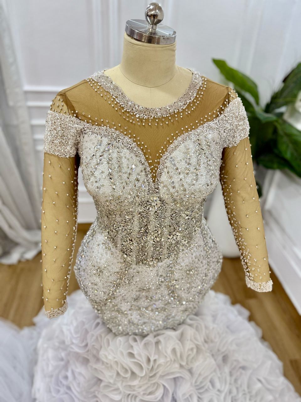 Elegant, Silver, And White Beaded Dress