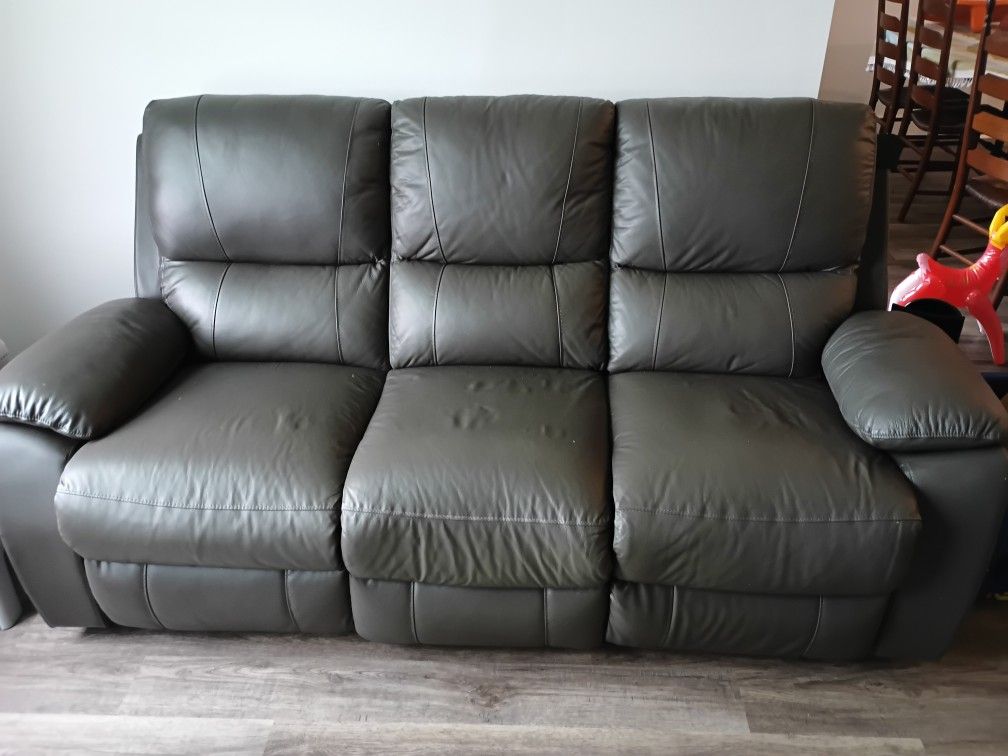 Grey Italian Leather Couch / Manual Reclining