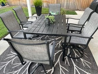 6 person 59x35 patio dining table and chair set $500/48" propane fire pit with 2 chair set $450