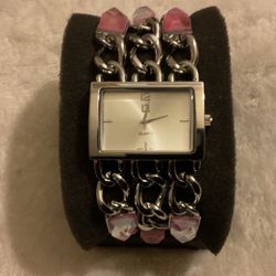 Quartz Stainless Steel Chain Bracelet Watch W/pink Rhinestones,by LANE BRYANT 