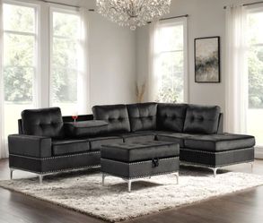 Anserra Black- Anserra Black Reversible Sectional + Ottoman Set