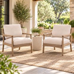 Set of 2 - Indoor / Outdoor Mid-Century Modern Solid Natural Wood Accent Chairs / Armchair w/ Beige Cushions  [NEW] **ALREADY ASSEMBLED**