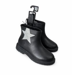 Girls Black Ankle Booties with Silver Star and Zipper Accent, Flat Block Heel