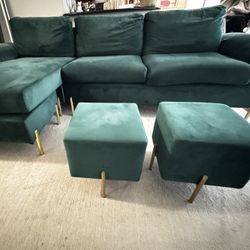 Green Velvet Sectional Sofa w/ Chaise & Free ottoman 