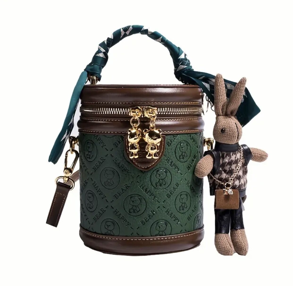Dark Brown & Forest Green Teddy Bear Clutch Crossbody Handbag Purse