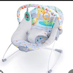 Bright Starts Safari Fun 3-Point Harness Vibrating Baby Bouncer With Toy Bar  Box is damaged open box item