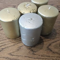 Set of 5 Gold and Silver Metallic Decorative Pillar Candles – 3-inch Height

