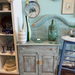 Distressed Persian Blue Wooden Cabinet / Bedside Table – Coastal Cottage Accent Piece Beachy