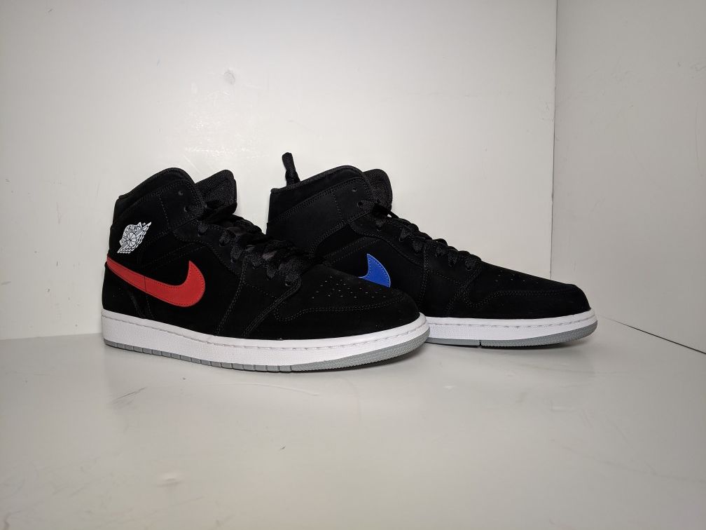 Nike Air Jordan 1 Retro Mid SZ 12 Black Red Blue Multicolor Swoosh