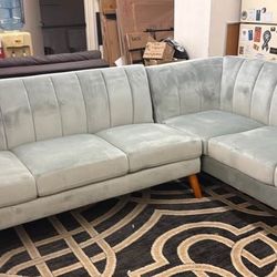 New Mid Century Sectional. Grey Velvet. 111” X 85”. Free Delivery!