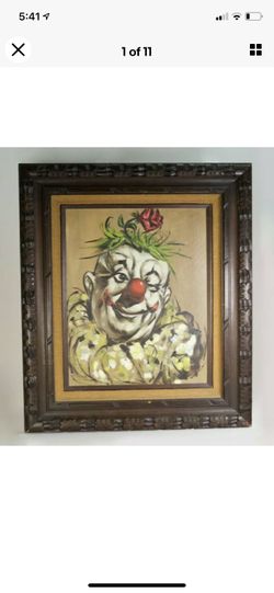 Charming Vintage Oil On Canvas Smiling Clown Painting