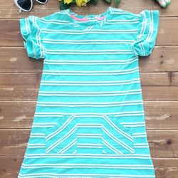 SIZE 10-12 GIRLS TURQUOISE & WHITE STRIPE MINI SCALLOPED TRIM DRESS