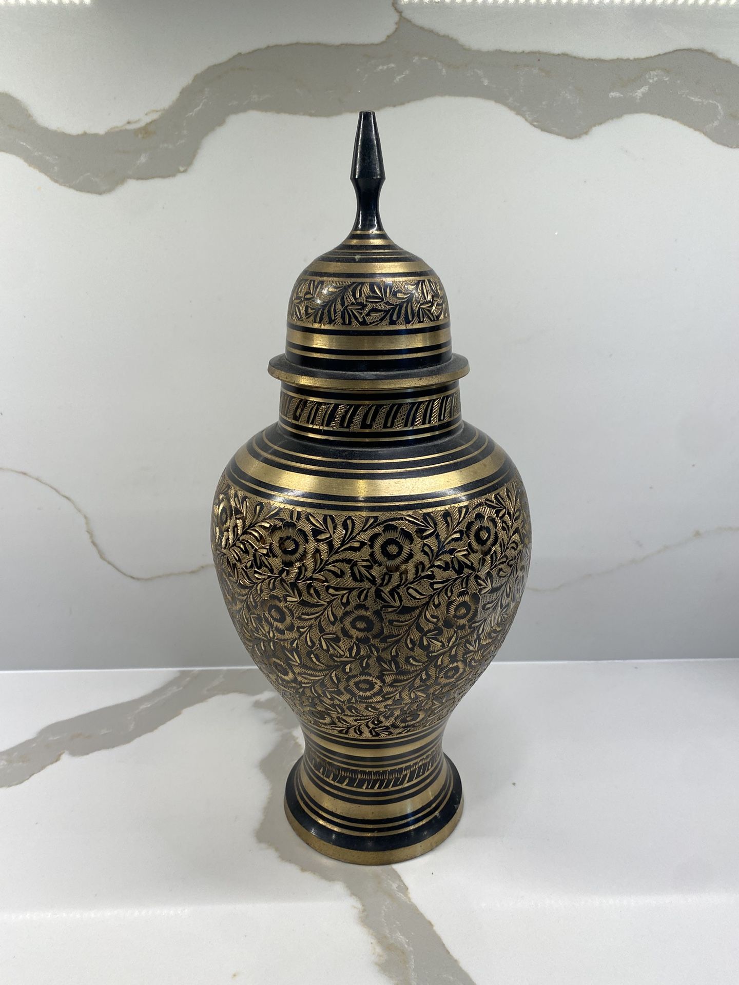 Etched Black Brass Gold Flower Motif Vase with Lid / Urn - From India