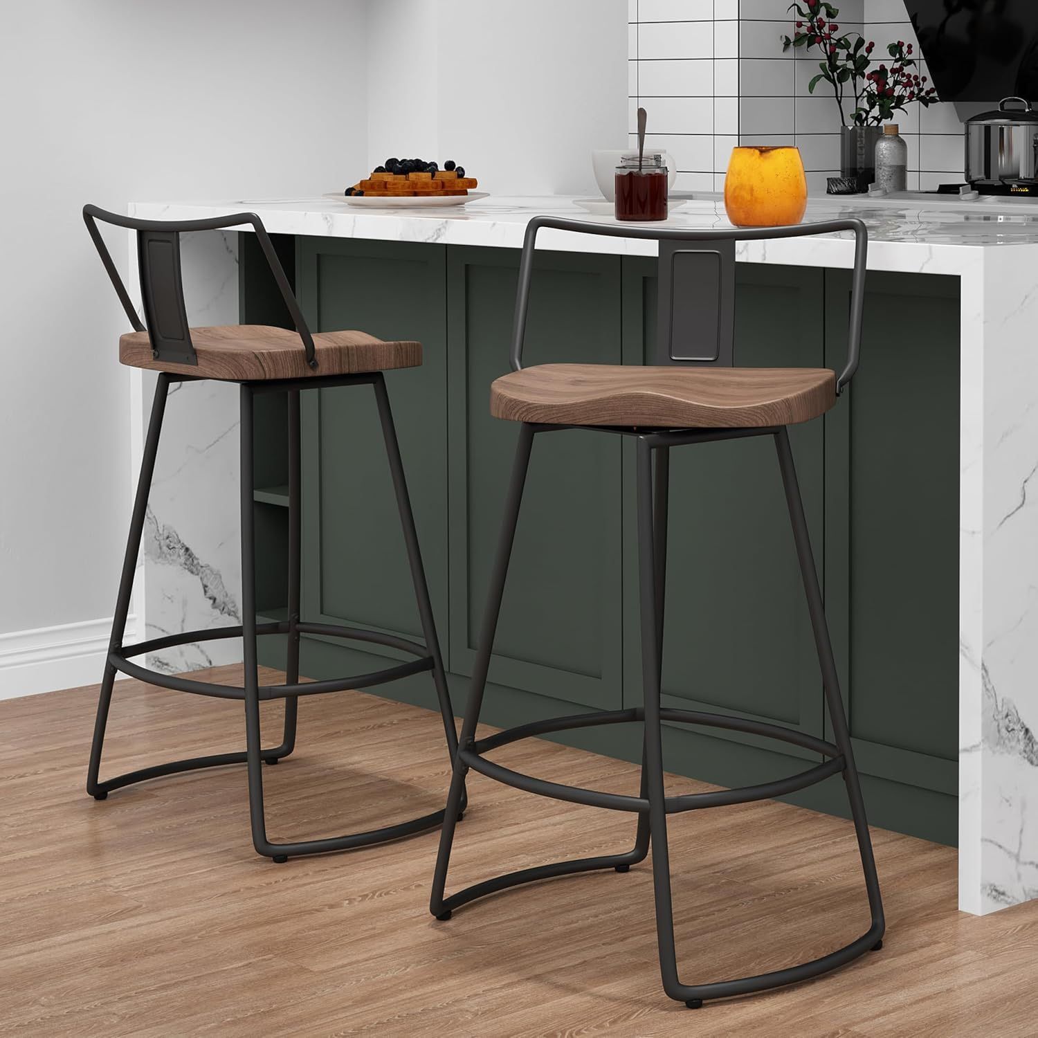 30" Swivel Barstools with Backs Metal Bar Stools Set of 2 Industrial Bar Height Stools with Large Wooden Seat Matte Black