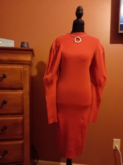 Rust Orange Ribbed Knit Midi Sweater Dress