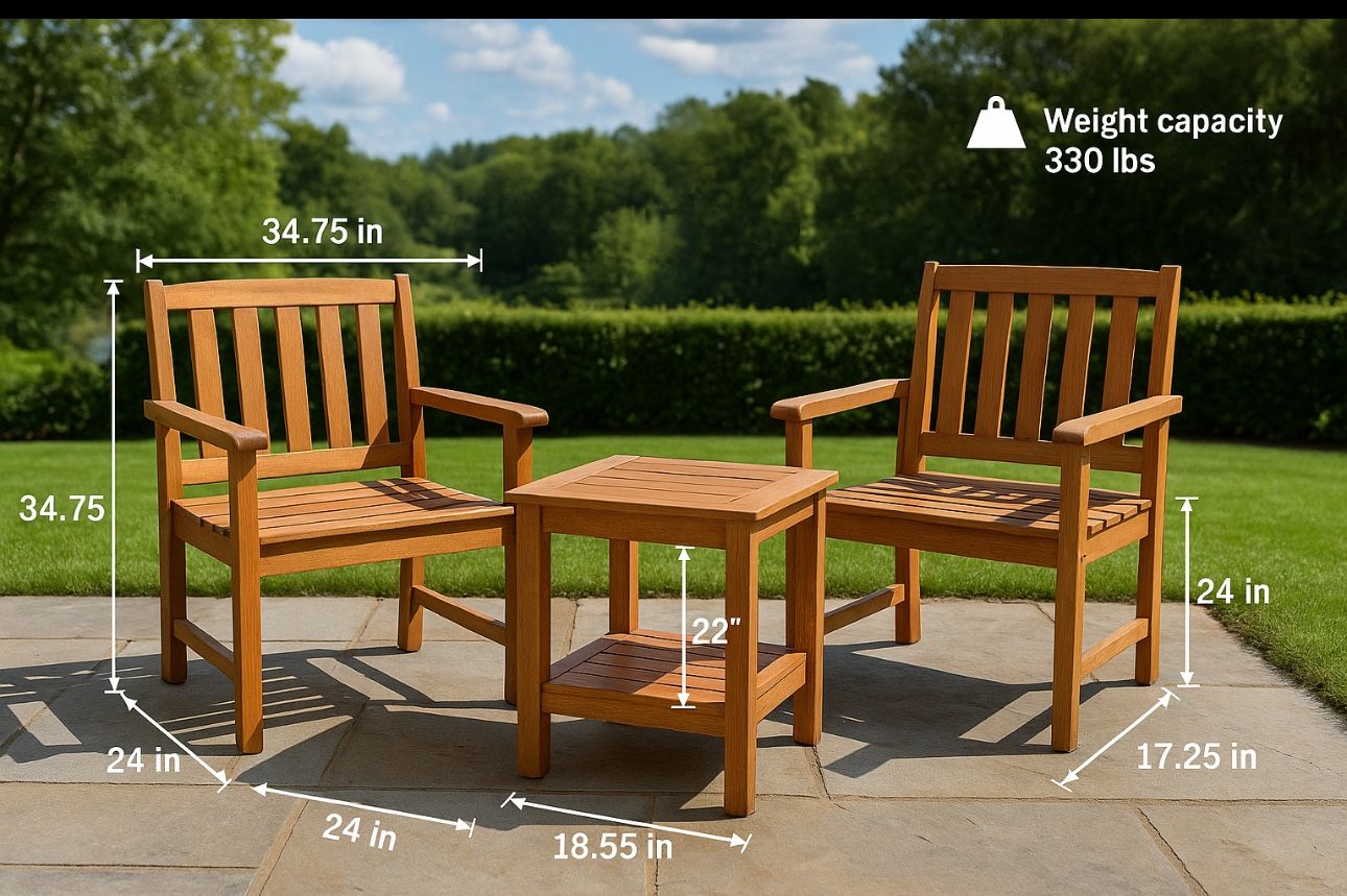 Meranti Wood 3-Piece Outdoor Patio Conversation Set – Teak Oil Finish