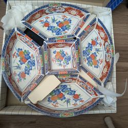 Japanese Asian 5 Piece Porcelain Lazy Susan Blue and Red 4381