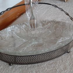 Crystal Relish Tray with silver carrier and fork.