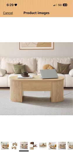 Fluted Coffee Table with Lifting Top, Oval Wood Lift Top Coffee Table with Hidden Compartment, Mid Century Pull up Center Tables for Living Room, Offi