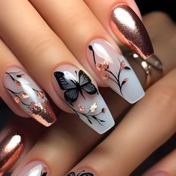 24-pcs. Long Floral & Butterfly Design  Press-On Nails