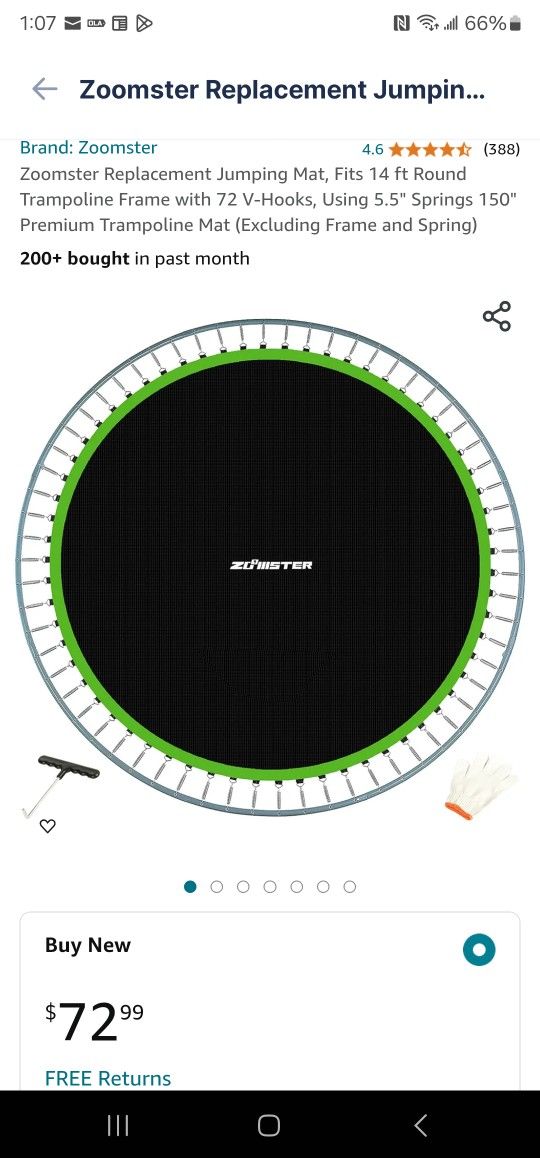 Zoomster Replacement Jumping Mat, Fits 14 ft Round Trampoline Frame with 72 V-Hooks, Using 5.5" Springs 150" Premium Trampoline Mat