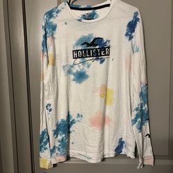 Hollister Large Long Sleeve Tie Dye Logo Shirt Blue Pink Yellow Casual