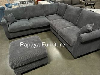 Comfy Plush Sectional Couch, Sectional And Ottoman, Grey Sofa, Gray Couch, Corduroy Sectional, L-Shaped Sofa, Living Room Sofa Set, Plush Couch