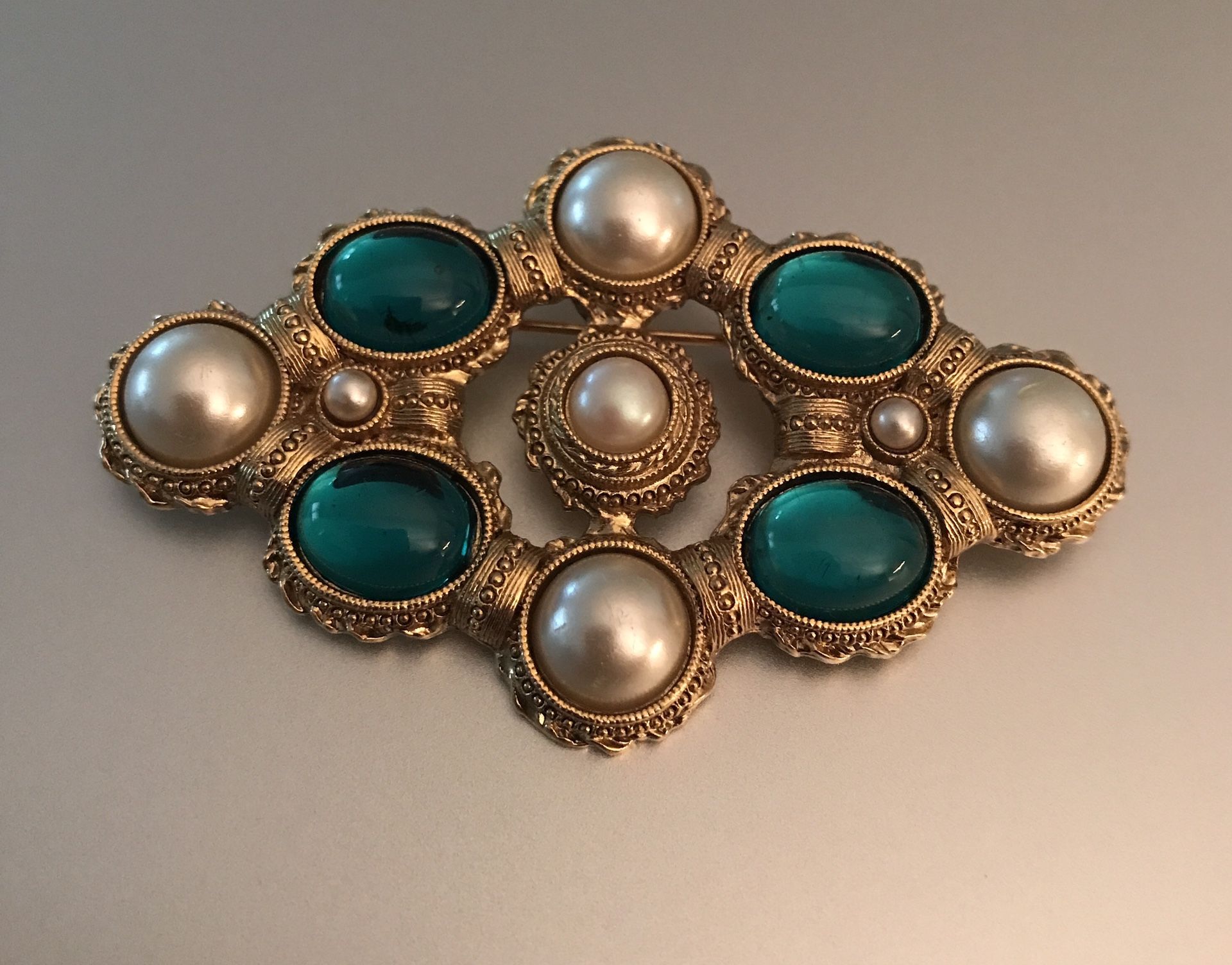 Vintage 1928 Jewelry Co.Pearl Emerald Green Cabochon Gold Brooch