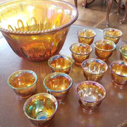 Indiana Glass Marigold - Gold Carnival Princess Harvest Grape Punch Set Bowl and 12 Cups
