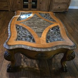 Ornate Dark Wood Country French Vintage Style Glass Top Coffee Table And Console/entry Table