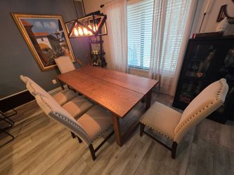 Wood Dining Table with 5 Upholstered Chairs & Bench