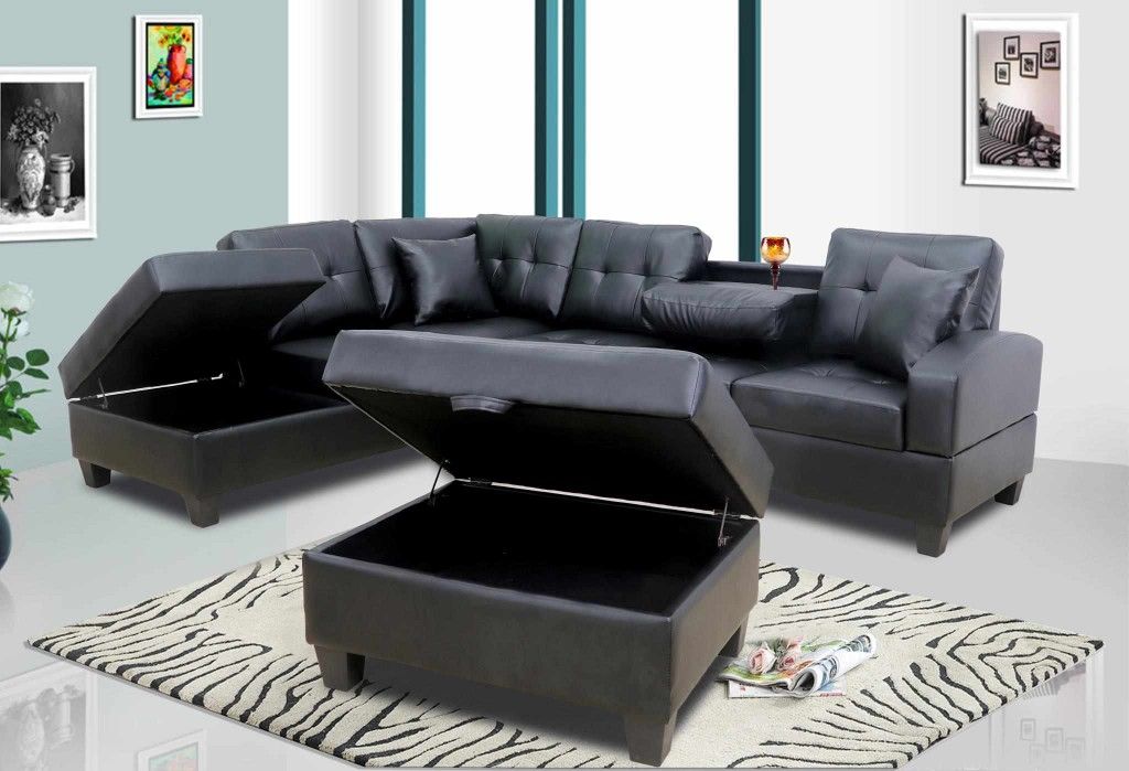 New! Black Leather Storage Sectional and Ottoman *FREE SAME DAY DELIVERY*