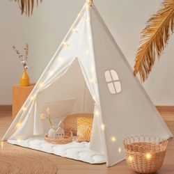 Tiny Land Teepee Tent for Kids, 100% Cotton Play Tent withPadded Mat and Star Lights