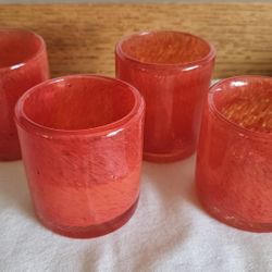 Set of 4 handblown orange glass votive candle holders 