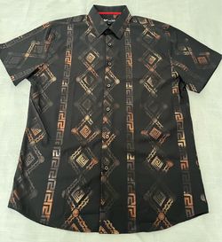 V.I.P. COLLECTION MEN'S FASHION FLOCK BUTTON-UP SHORT SLEEVES SHIRT (BLACK/GOLD  size L