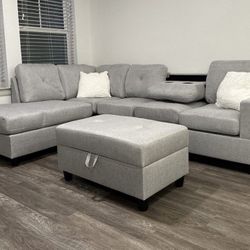 NEW IN BOX Grey Fabric Sectional with Free Storage Ottoman -54 DOWN PMT