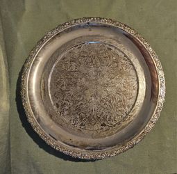 Vintage Victorian Style Silver Plated Rotating Footed Serving Tray Floral Design