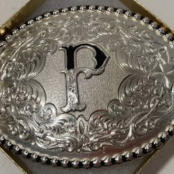 Vintage Belt Buckle Silver And Black, Letter P Montana Silversmiths 