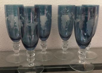 Vintage Mouth Blown Blue Crystal Champagne Flutes Etched Grapes Design Set of 6