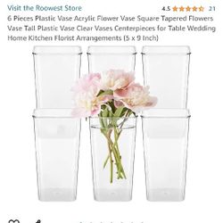 6 Pieces Plastic Vase Acrylic Flower Vase Square Tapered Flowers Vase Tall Plastic Vase Clear Vases Centerpieces for Table Wedding Home Kitchen Floris