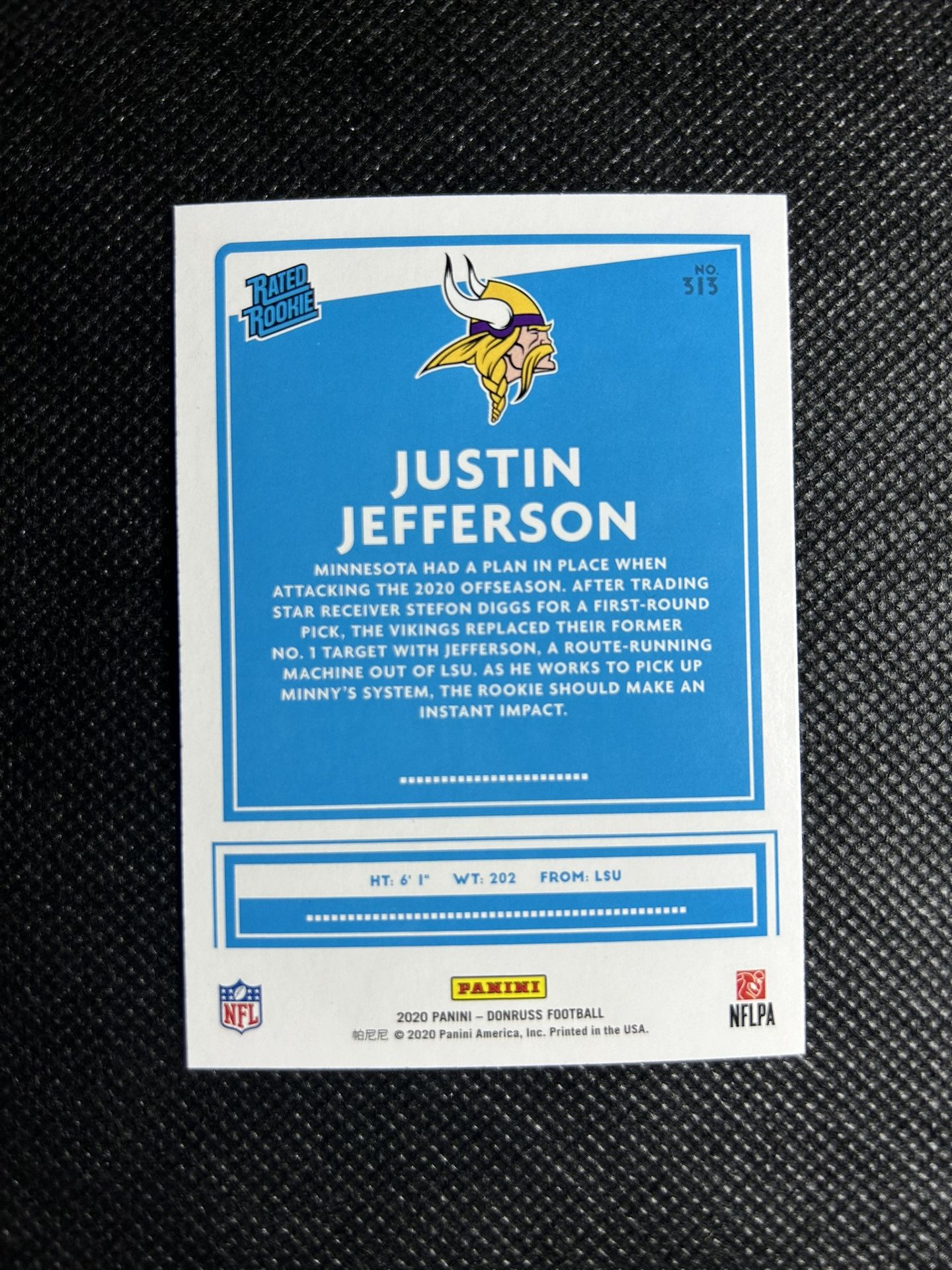 2020 Panini Donruss Justin Jefferson RC Rated Rookie #313 Minnesota Vikings MINT🔥🔥🔥