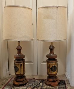 Set of 2 Vtg Nautical Lantern Brass & Wood Table Lamps W/ 3 Way Switch WORKS