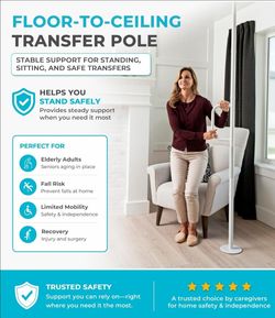 (NEW) Stander Single Handle Non-Rotating Floor to Ceiling Grab Bar, No-Drill Tension Mounted Transfer Pole for Seniors, Bath Safety & Bedside Assist R