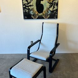 Scandinavian Black Bent Wood White Boucle Lounge Chair with Ottoman C 1980’s