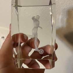 Laser Etched 3D Soccer Player Crystal Glass Prism Paperweight 3”H